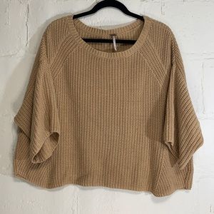 Free People Tan Boxy Cropped Short Sleeve Cotton Acrylic Knit Sweater